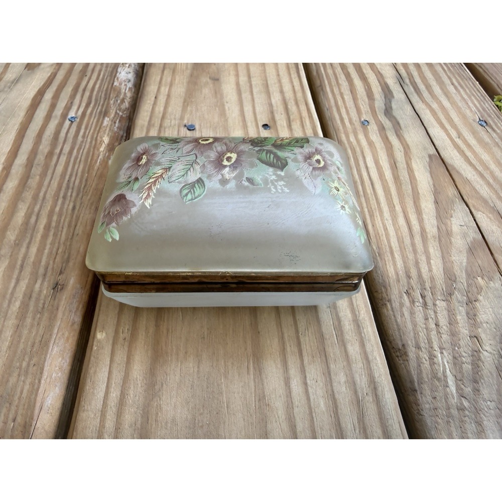 Vintage Frosted Glass Trinket Box Hand Painted Flowers Brass Hinged Vanity Decor